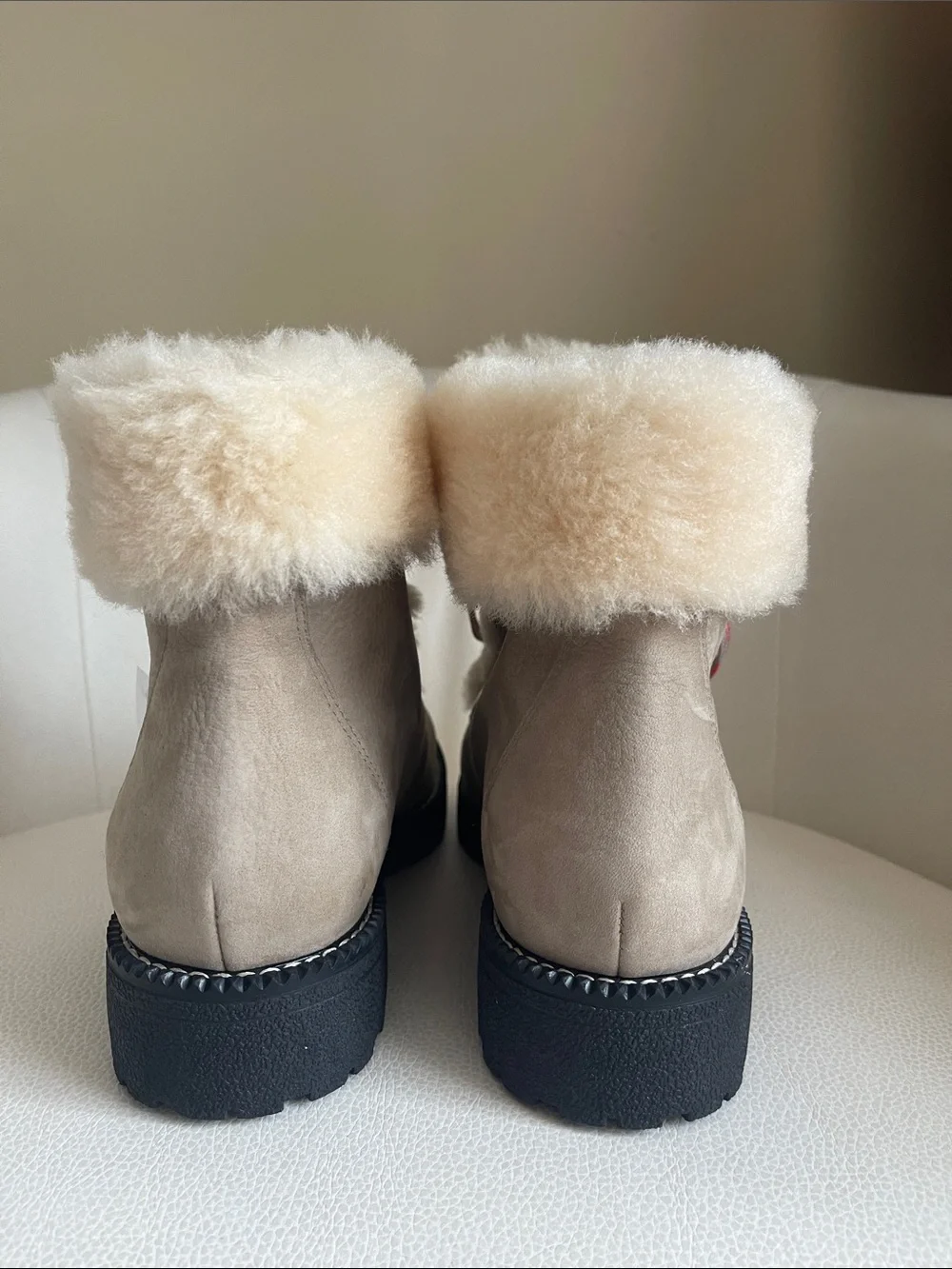 NEW J CREW Nordic Shearling-Lined Taupe Winter Boots with Red Accent Laces